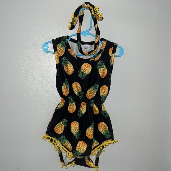 2T girls PomPom Pineapple Romper with Headband - Picture 1 of 4
